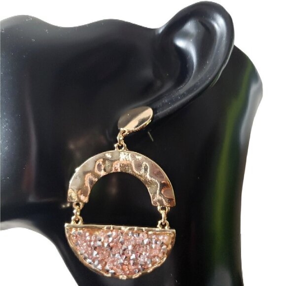 Women Gold Peach Faceted Half Circle Dangle Drop Post Back Party Casual Earrings - Picture 6 of 6